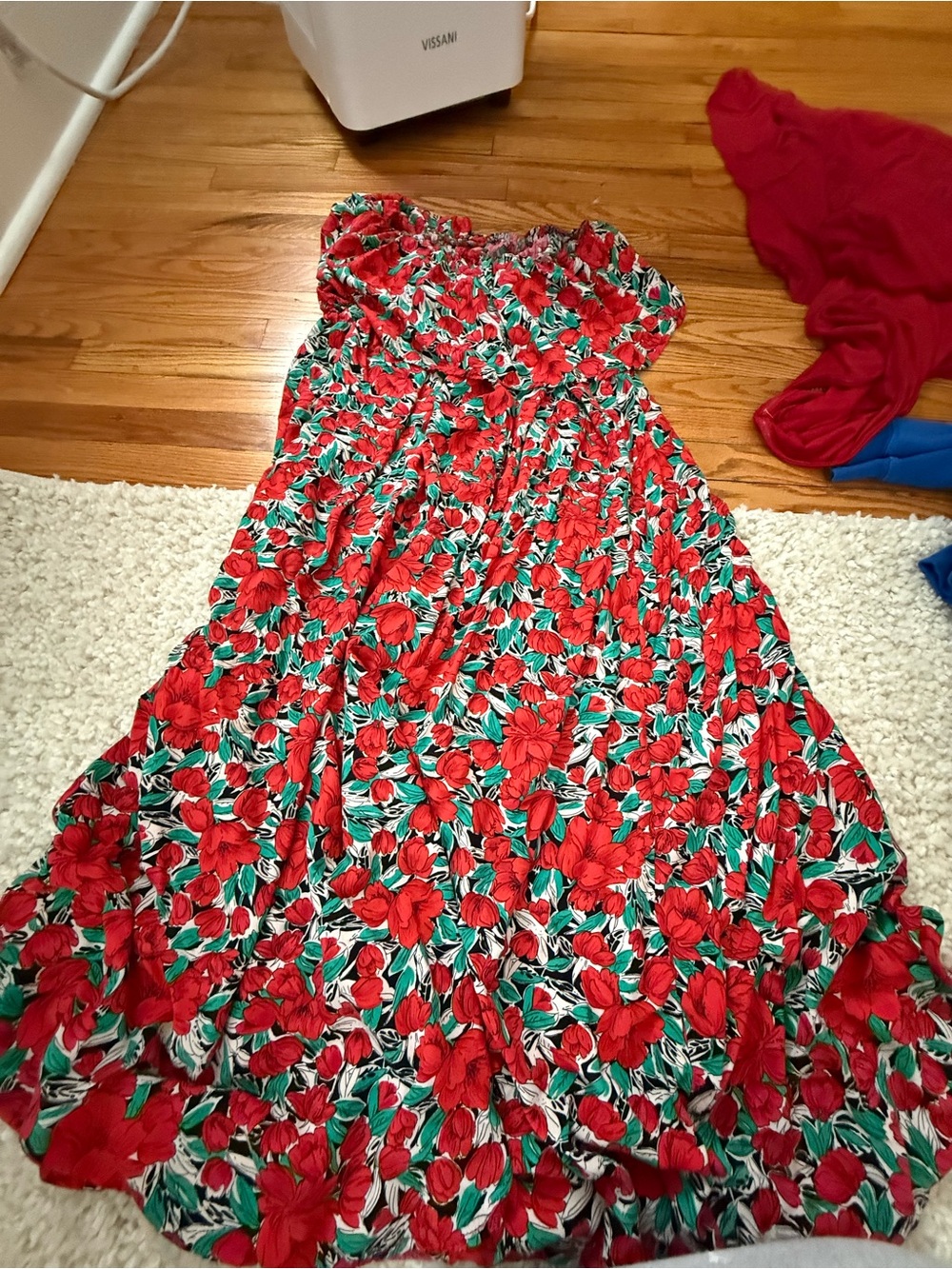 Red Floral Strapless Maxi Dress